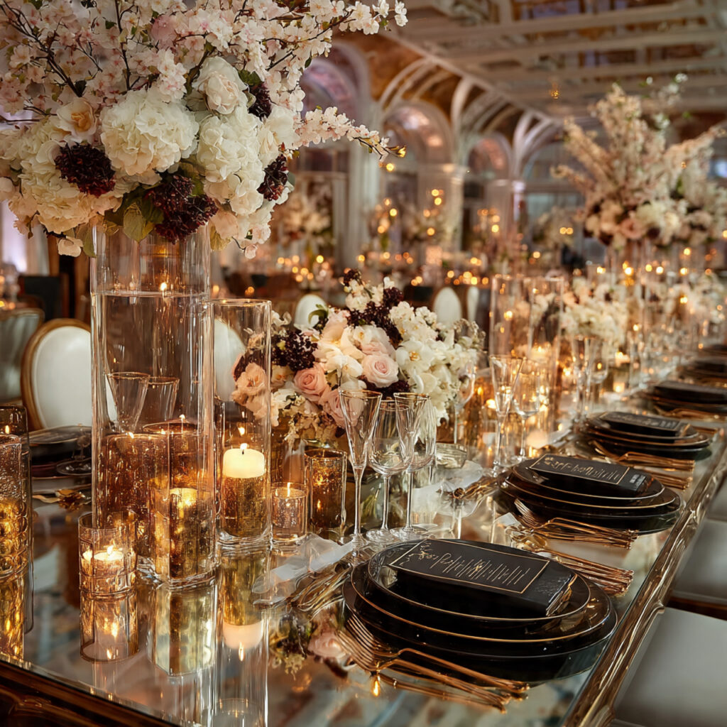 luxury glamorous wedding reception with gold accents