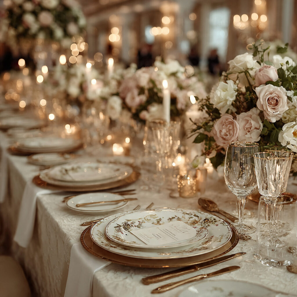 luxury wedding reception with formal plated dinner