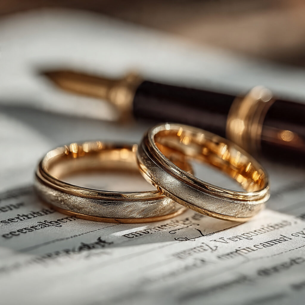 marriage license paperwork neatly arranged with pen