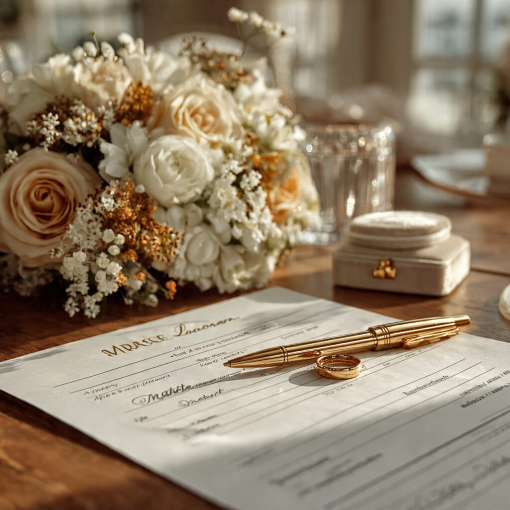 marriage license paperwork on a clean desk