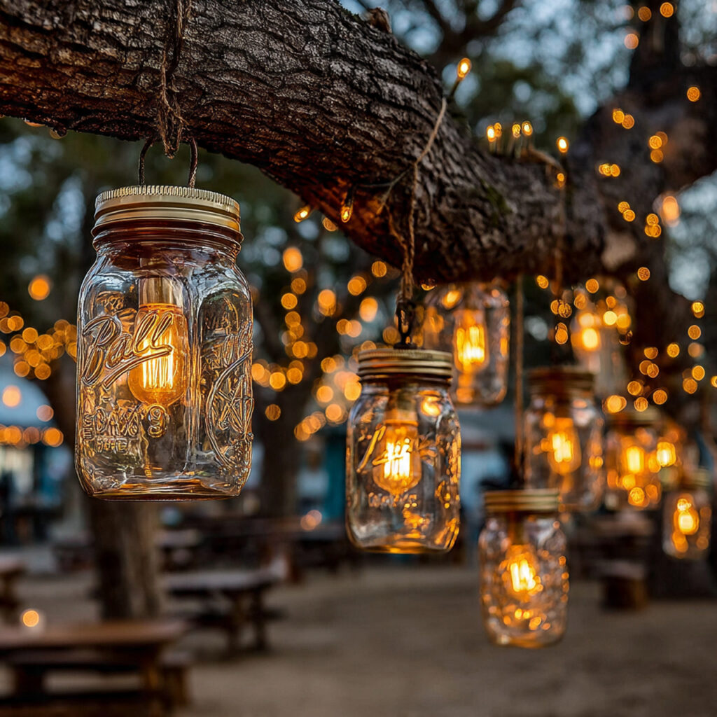 mason jar lighting hanging from tree branches
