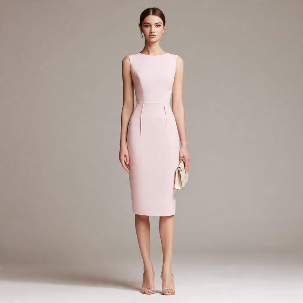 matte pink sheath wedding guest dress tailored