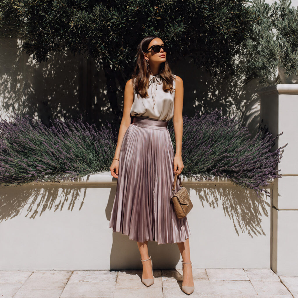 mauve pleated midi skirt paired with neutral