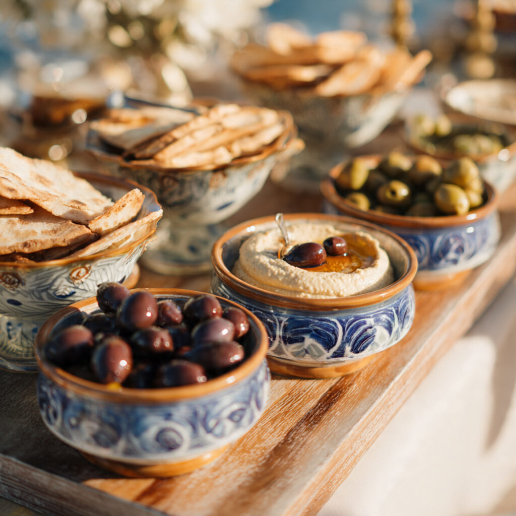 mediterranean wedding snack table with hummus olives