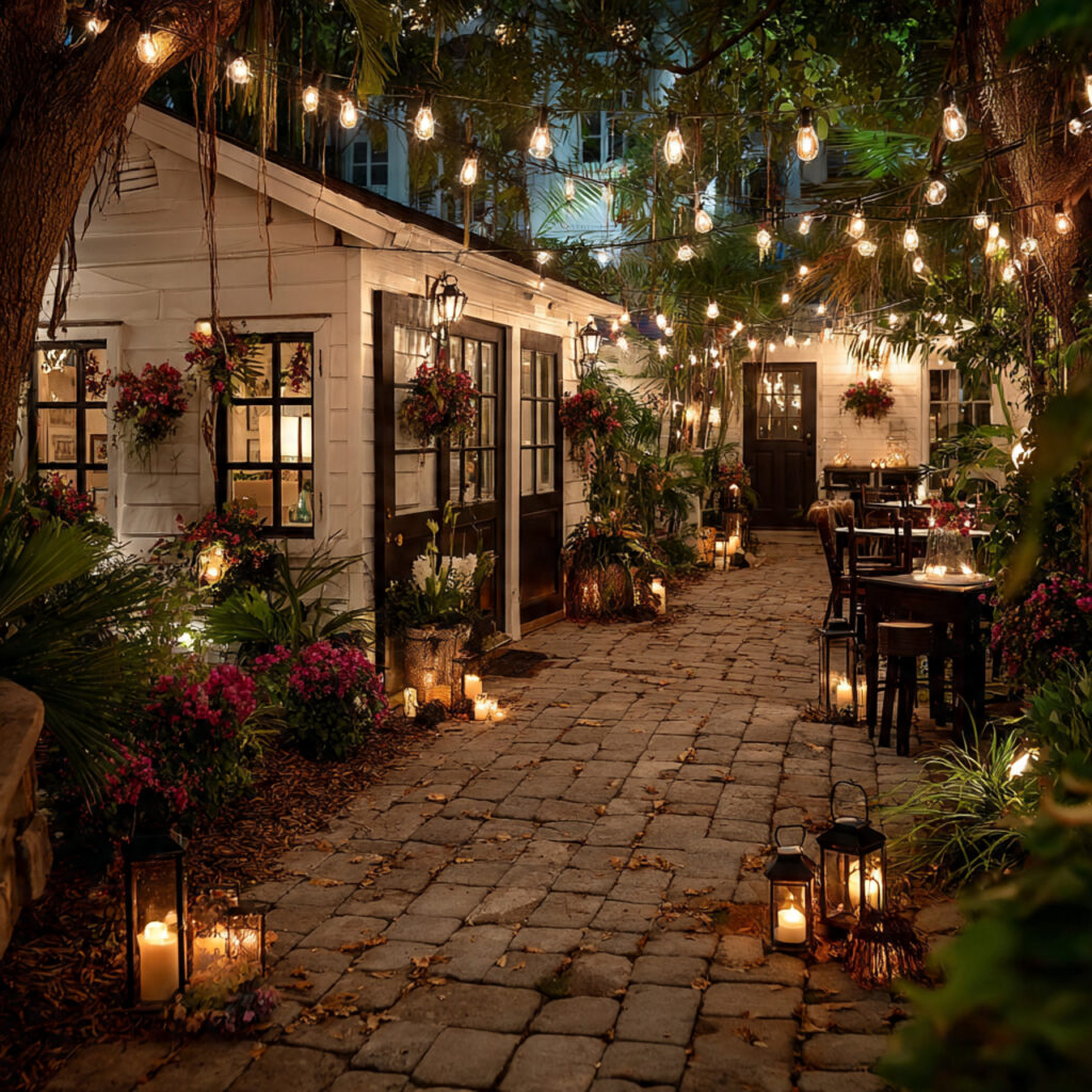 micro backyard wedding at night with layered