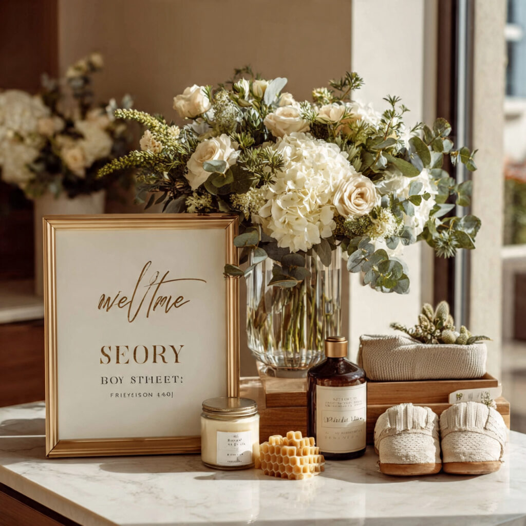 minimal baby shower registry display corner with