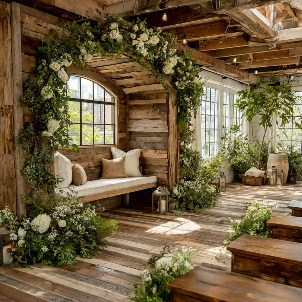 minimal floral installation at a rustic wedding
