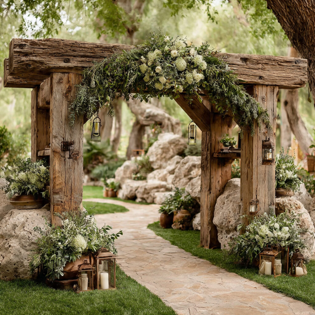 minimal rustic wooden beam arch backdrop solid