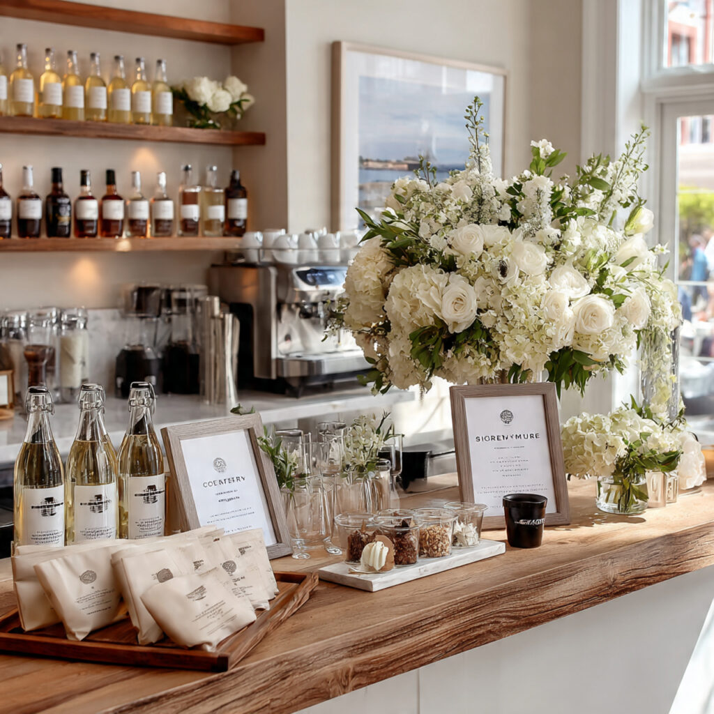 minimal wedding bar with beer wine and