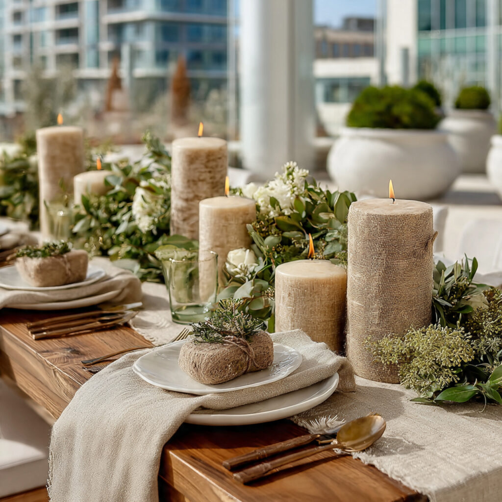 minimal wedding d cor setup with candles greenery