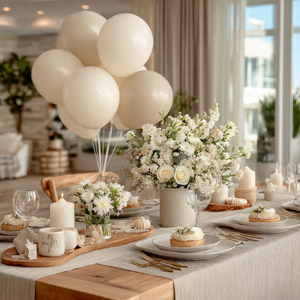 minimalist baby shower decor with beige cream