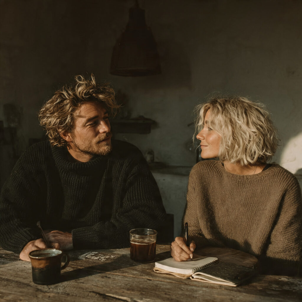 minimalist couple sitting at a wooden table