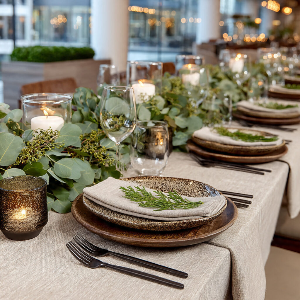 minimalist december wedding tablescape with neutral linens