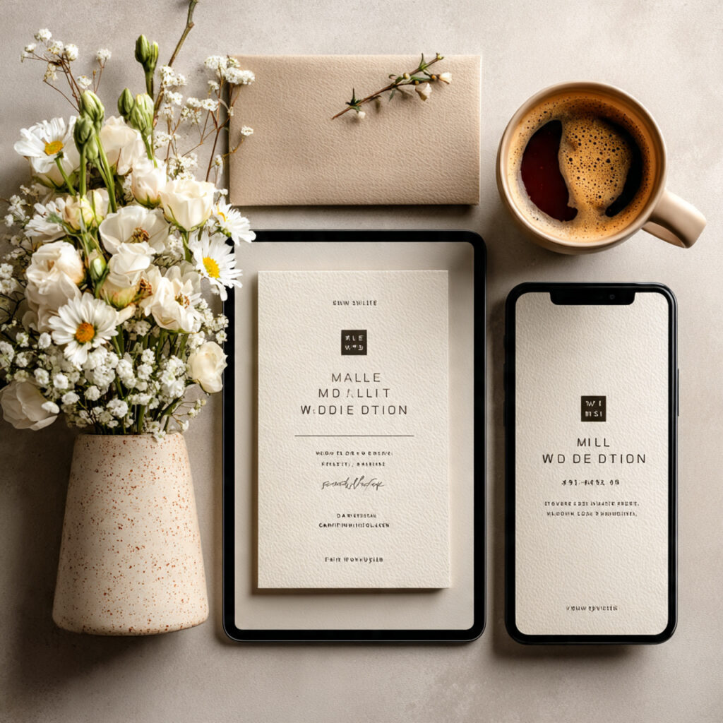 minimalist digital wedding invitation displayed on smartphone