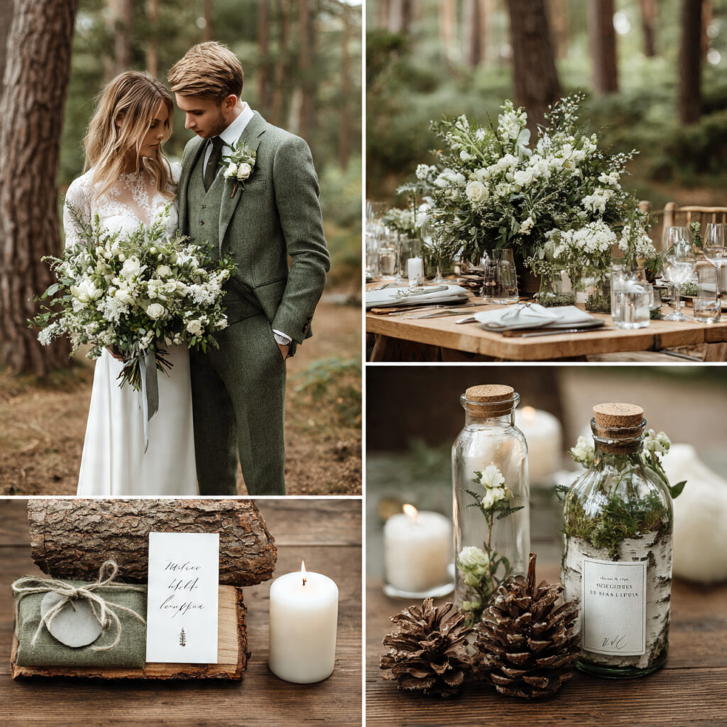 minimalist forest wedding with lichen green accents