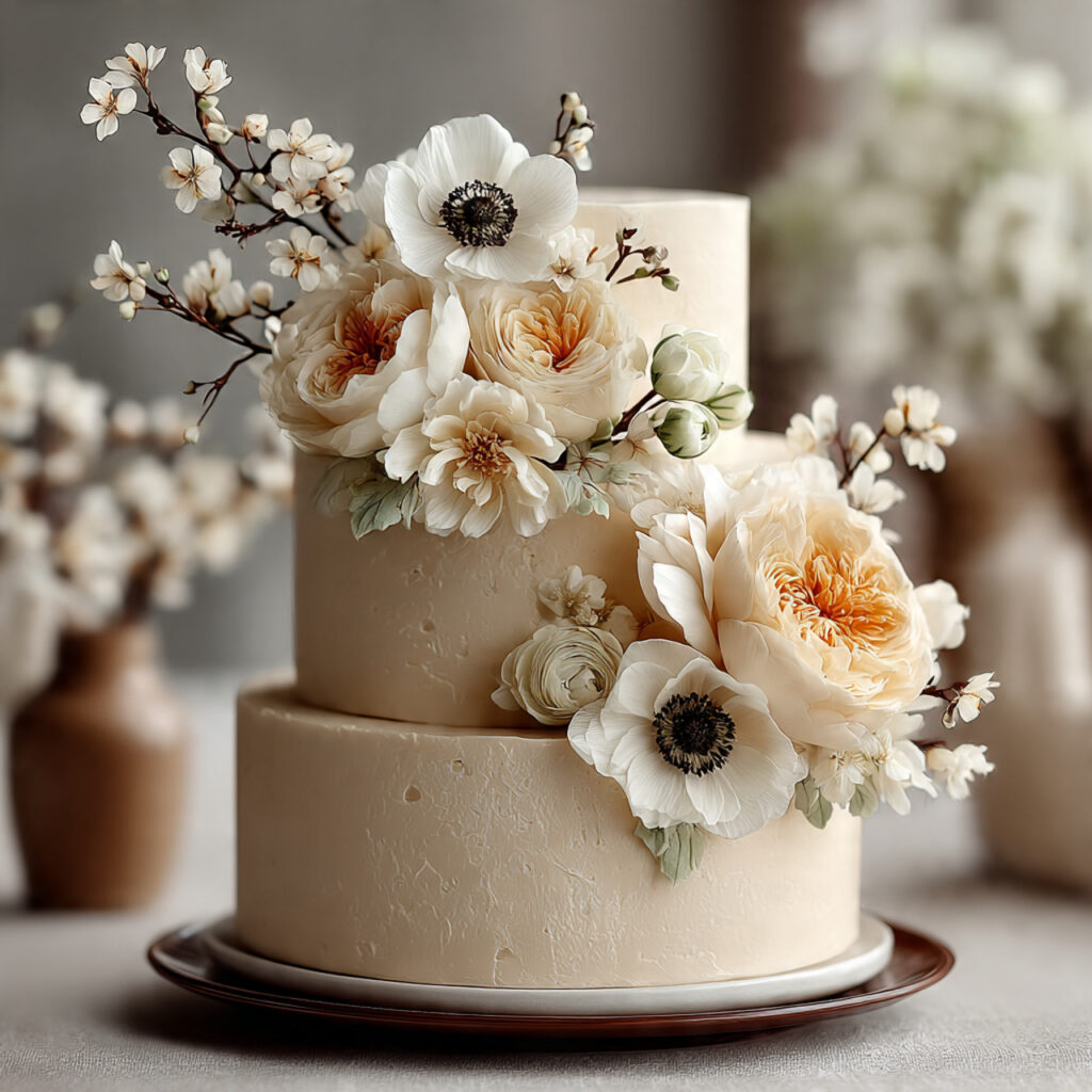 minimalist monochrome wedding cake in soft beige