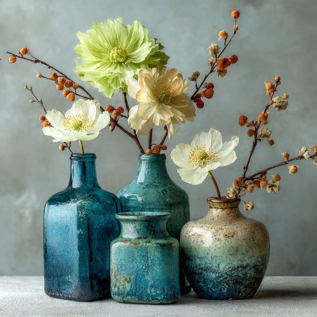 minimalist table setting with recycled glass bottles