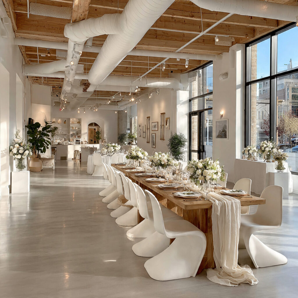 minimalist wedding reception space with intentional empty