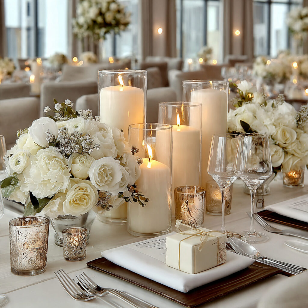 minimalist wedding table centerpiece with clustered white