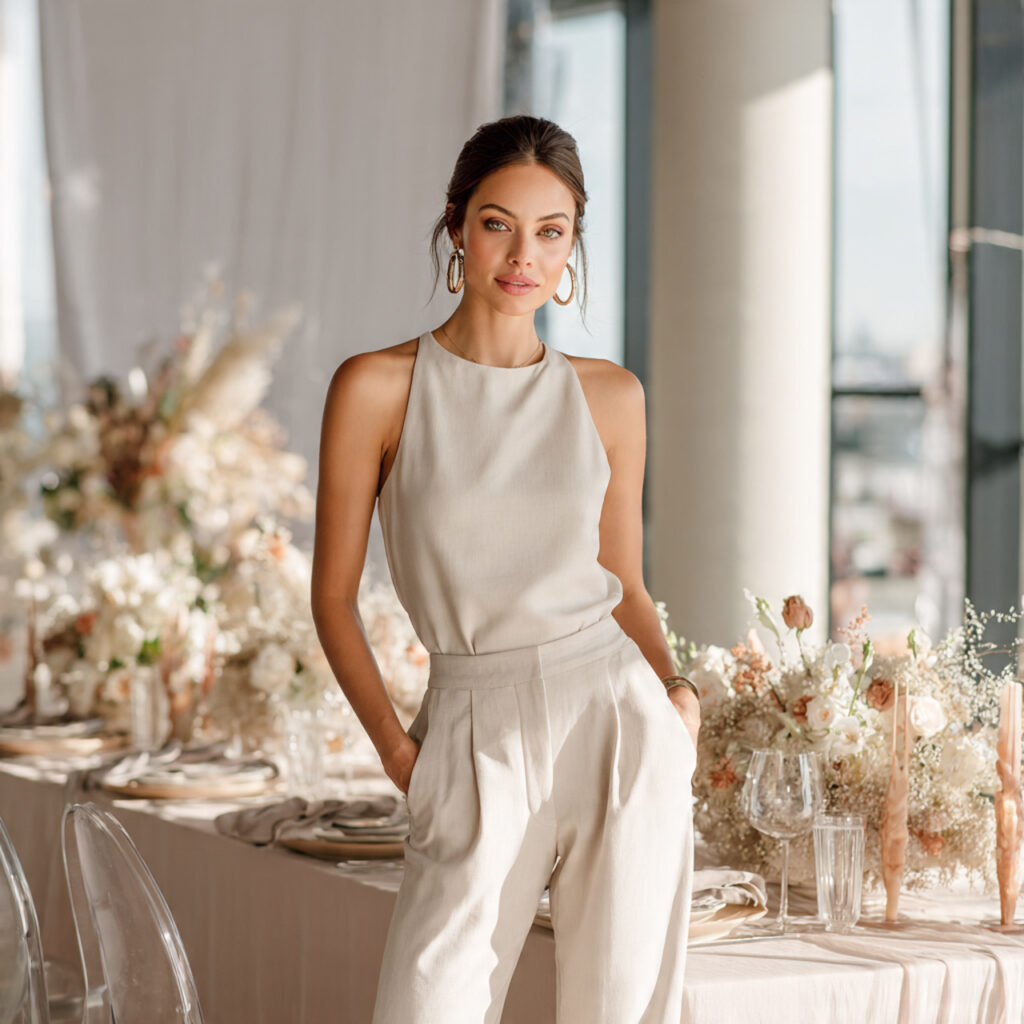 modern bridal shower guest outfit featuring a