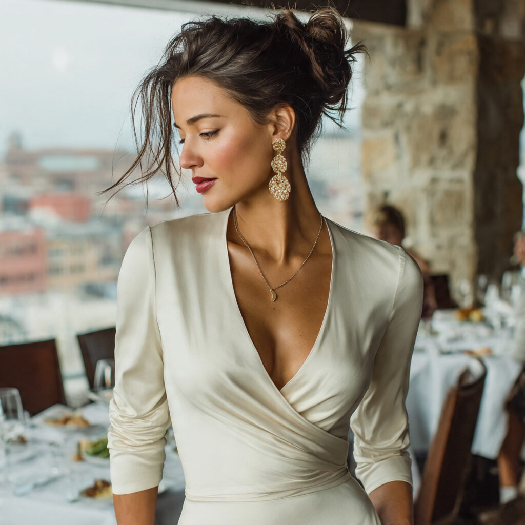 modern bride wearing a solid color wrap dress