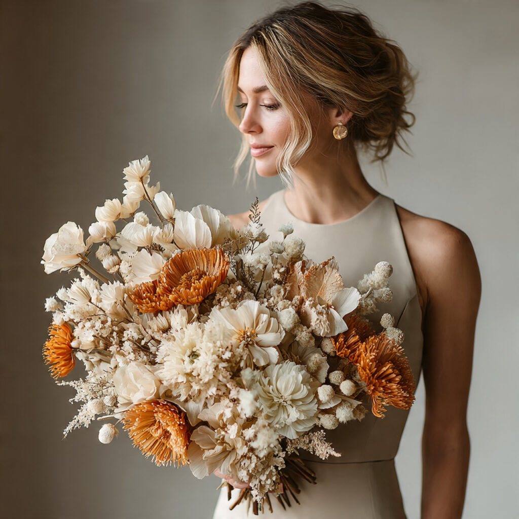 modern sculptural boho wedding bouquet with dried