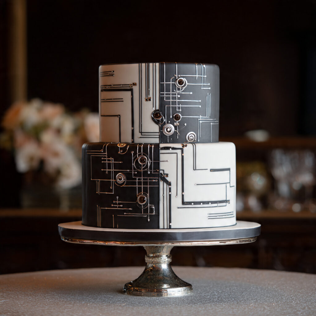 modern technology inspired groom s cake with geometric lines