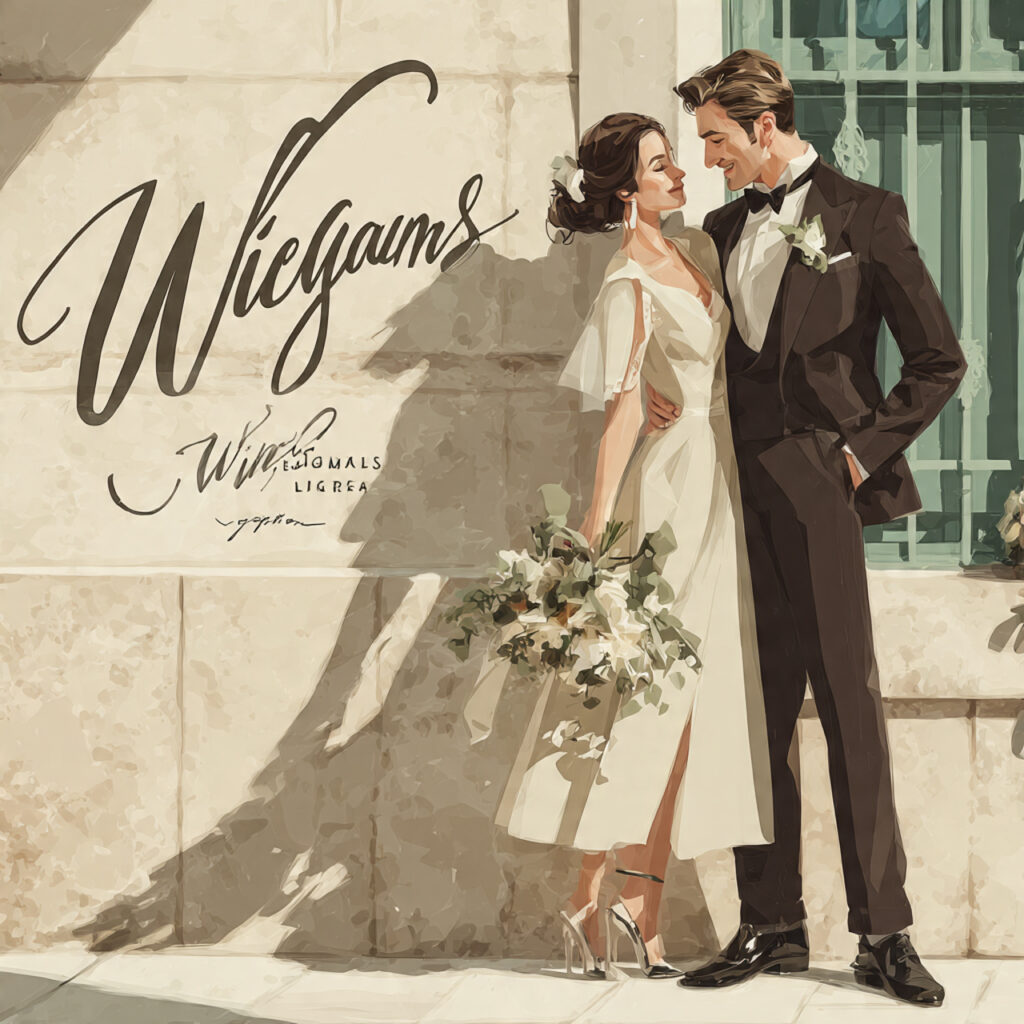 modern wedding illustration featuring couple in chic