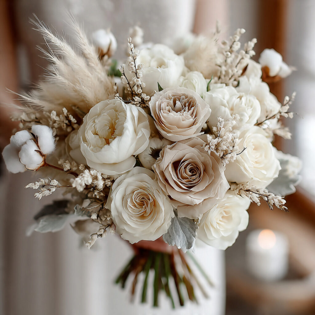 monochrome boho wedding bouquet in soft white