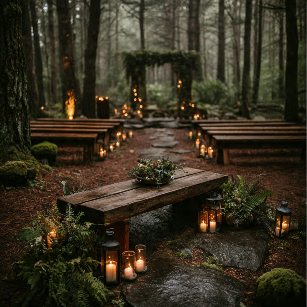 moody forest wedding ceremony featuring dark moss