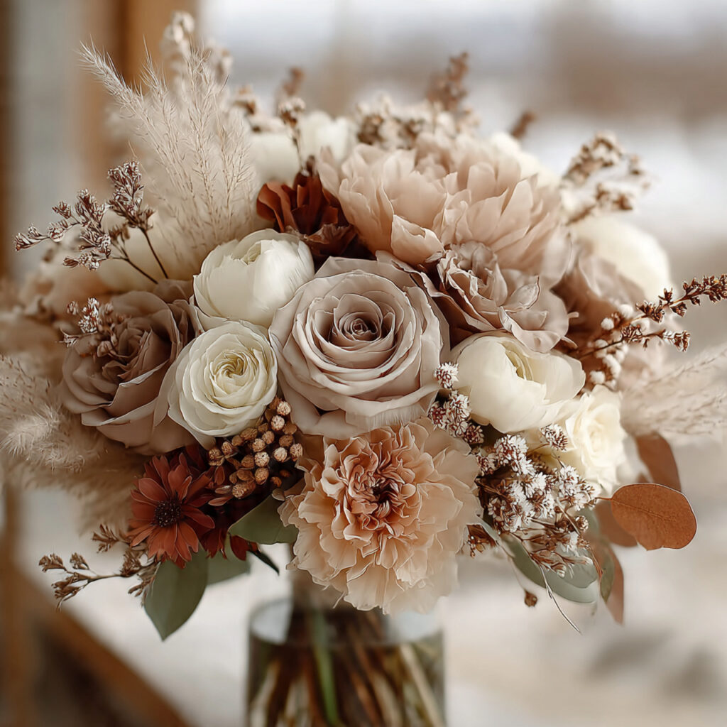 neutral boho wedding bouquet featuring cream roses