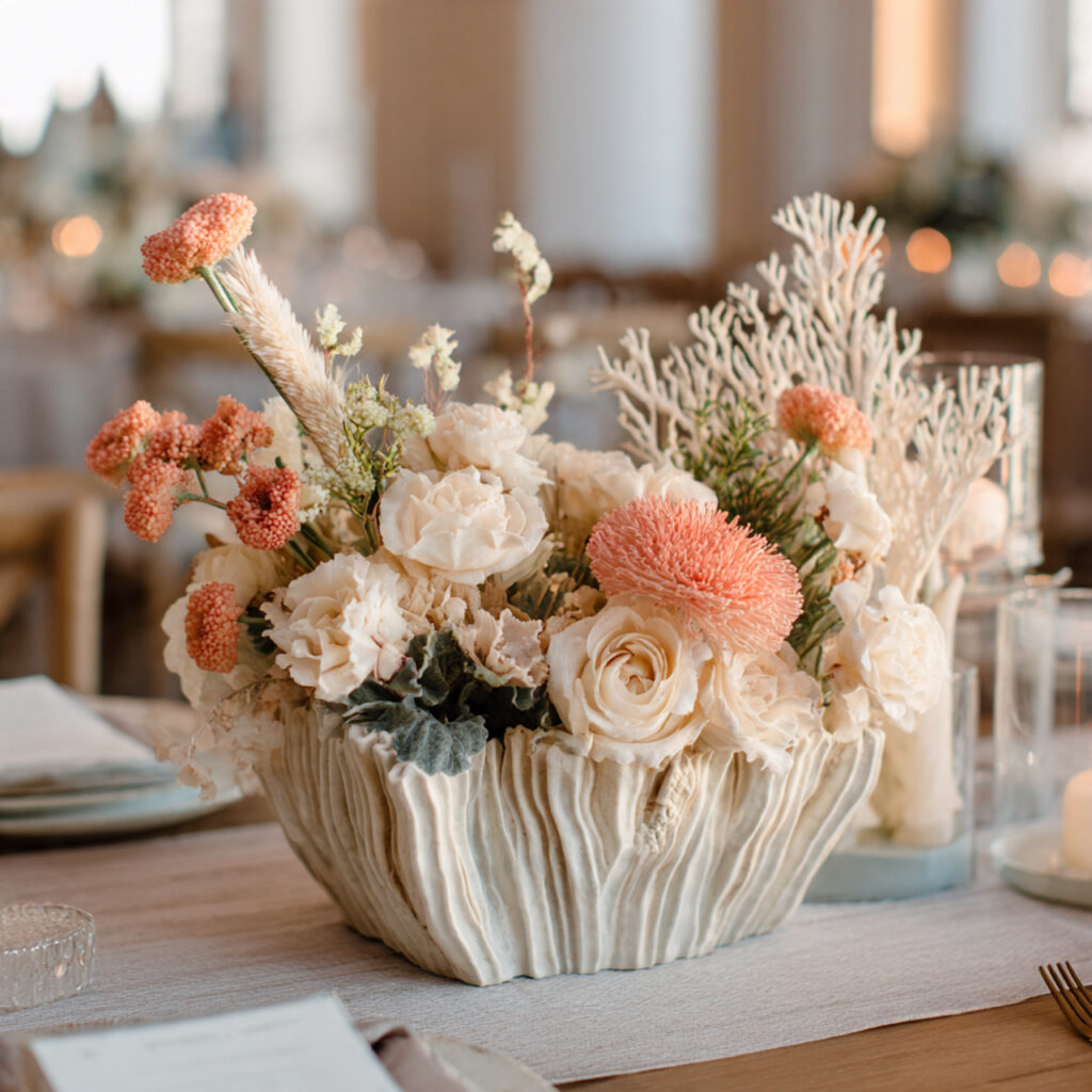 neutral coral inspired centerpiece in ceramic base with