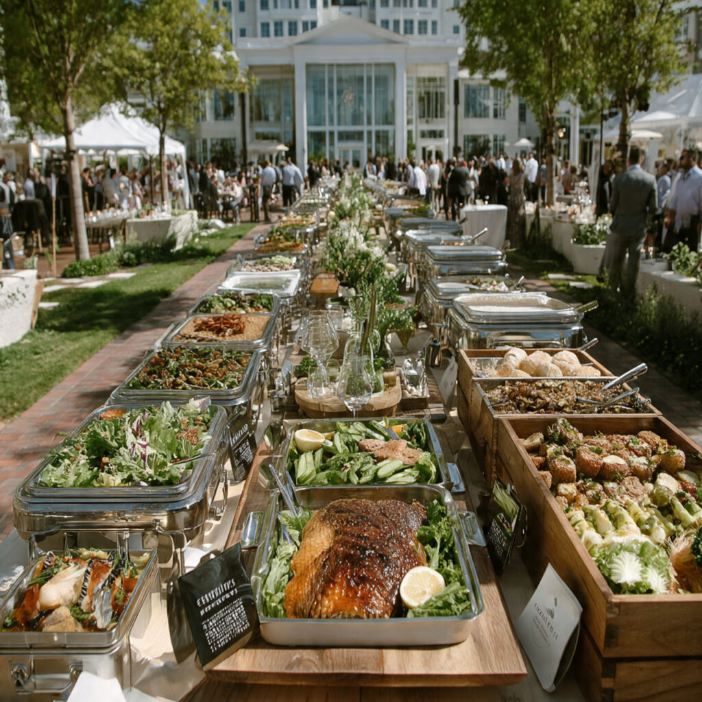 organized wedding buffet setup with symmetrical food