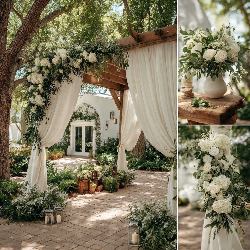 outdoor backyard wedding using trees and greenery