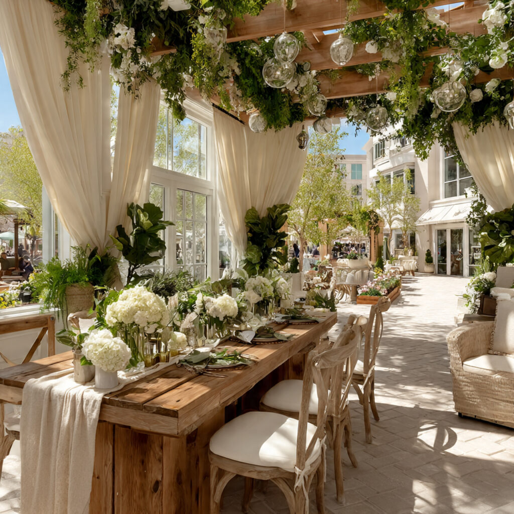 outdoor garden baby shower with greenery white