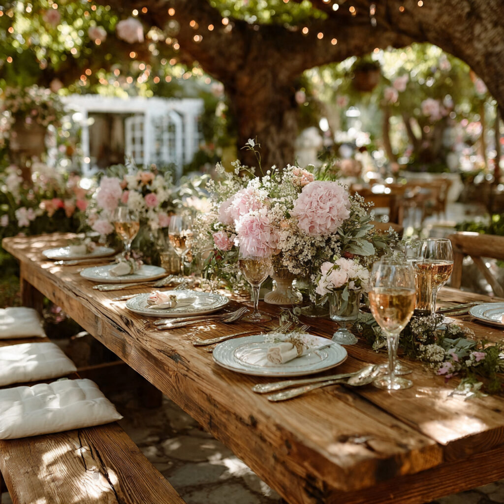 outdoor garden bridal shower brunch with long