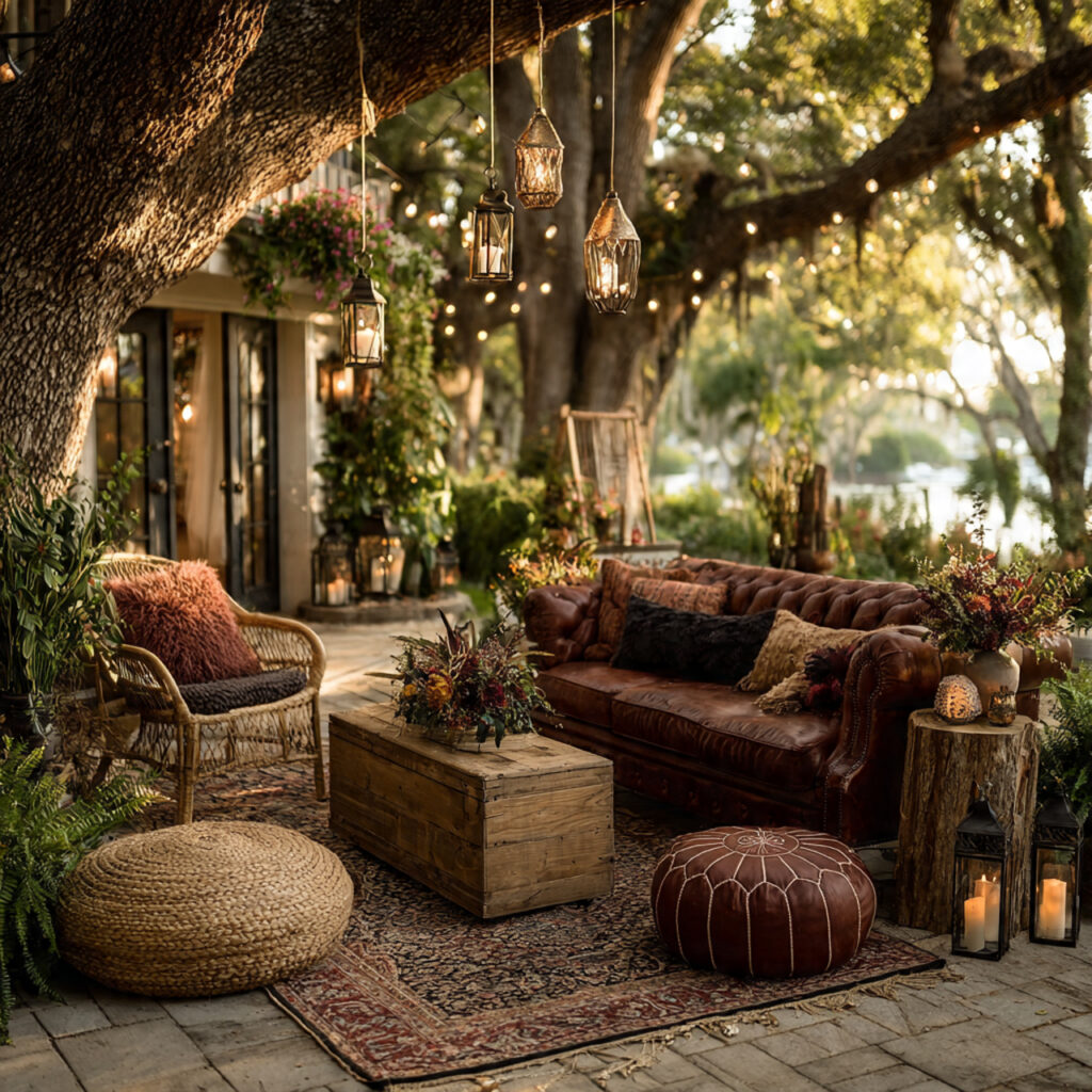 outdoor garden lounge seating with vintage sofas
