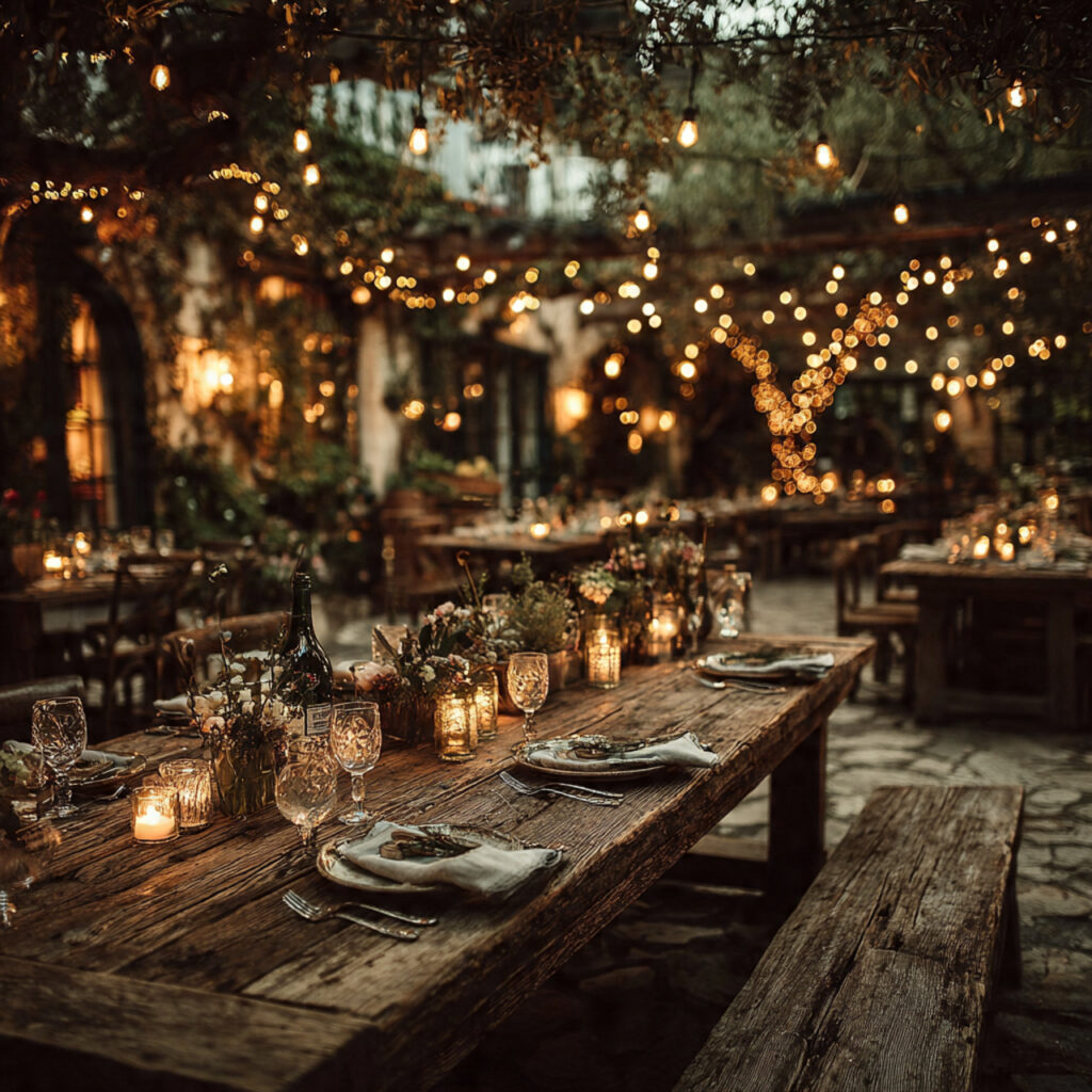 outdoor garden wedding reception at night filled
