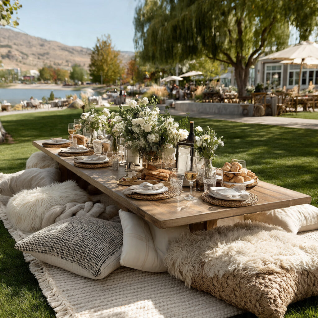 outdoor picnic bridal shower with low seating