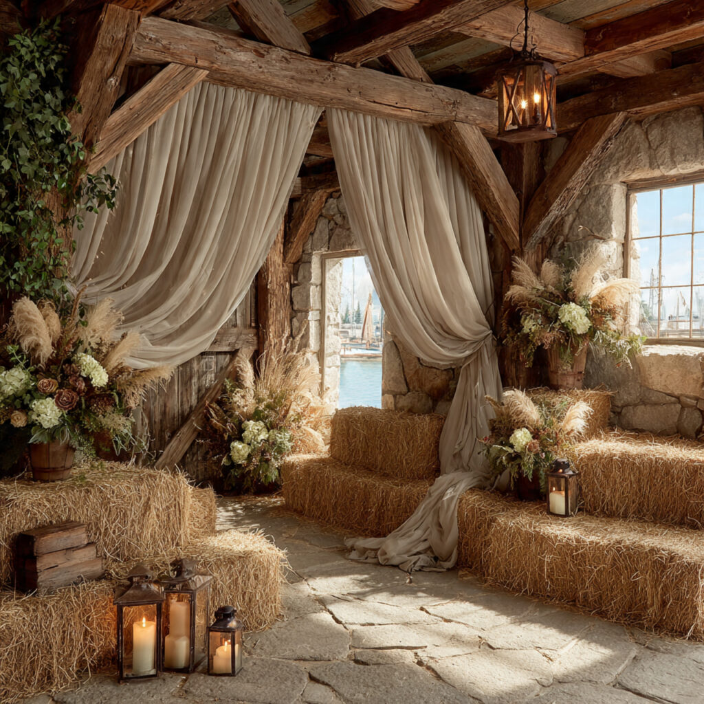 outdoor rustic backdrop using stacked hay bales