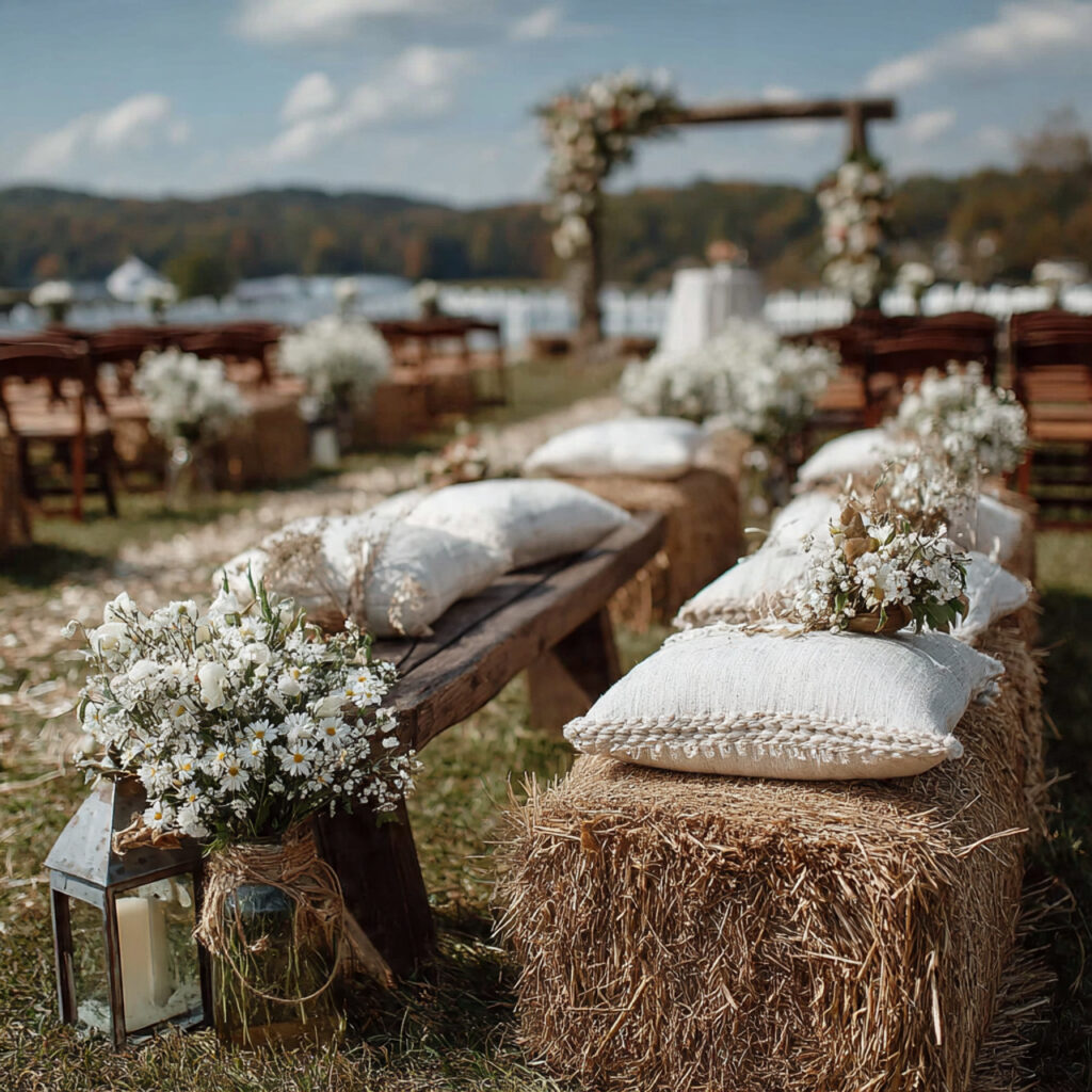outdoor rustic wedding ceremony seating with hay