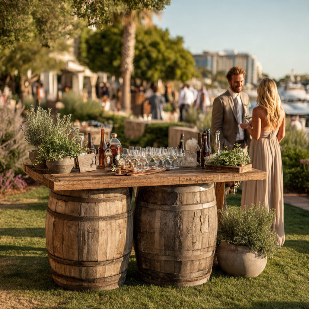 outdoor rustic wedding cocktail hour with wooden