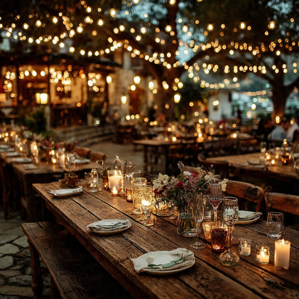 outdoor rustic wedding reception at night with