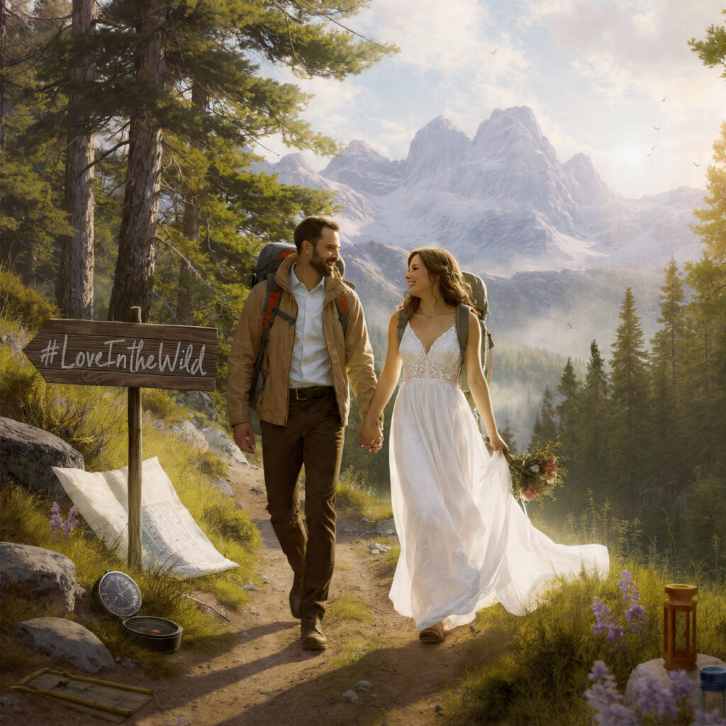 outdoor wedding featuring couple hiking or traveling