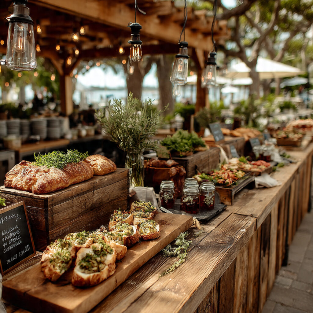 outdoor wedding food pavilion with wooden counters