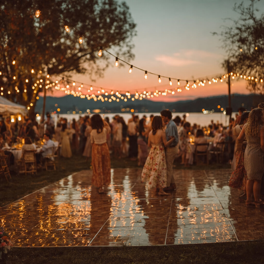 outdoor wedding reception dance floor under open