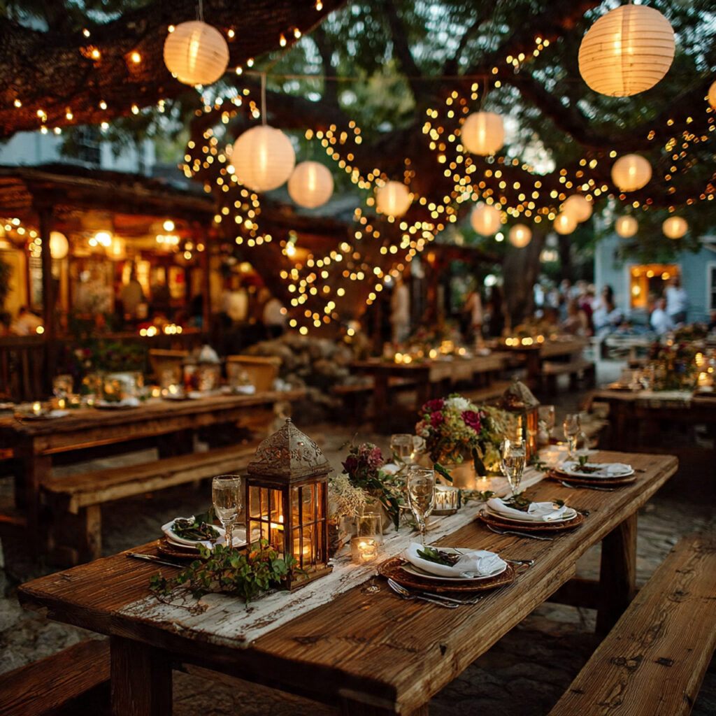 outdoor wedding reception with white paper lanterns
