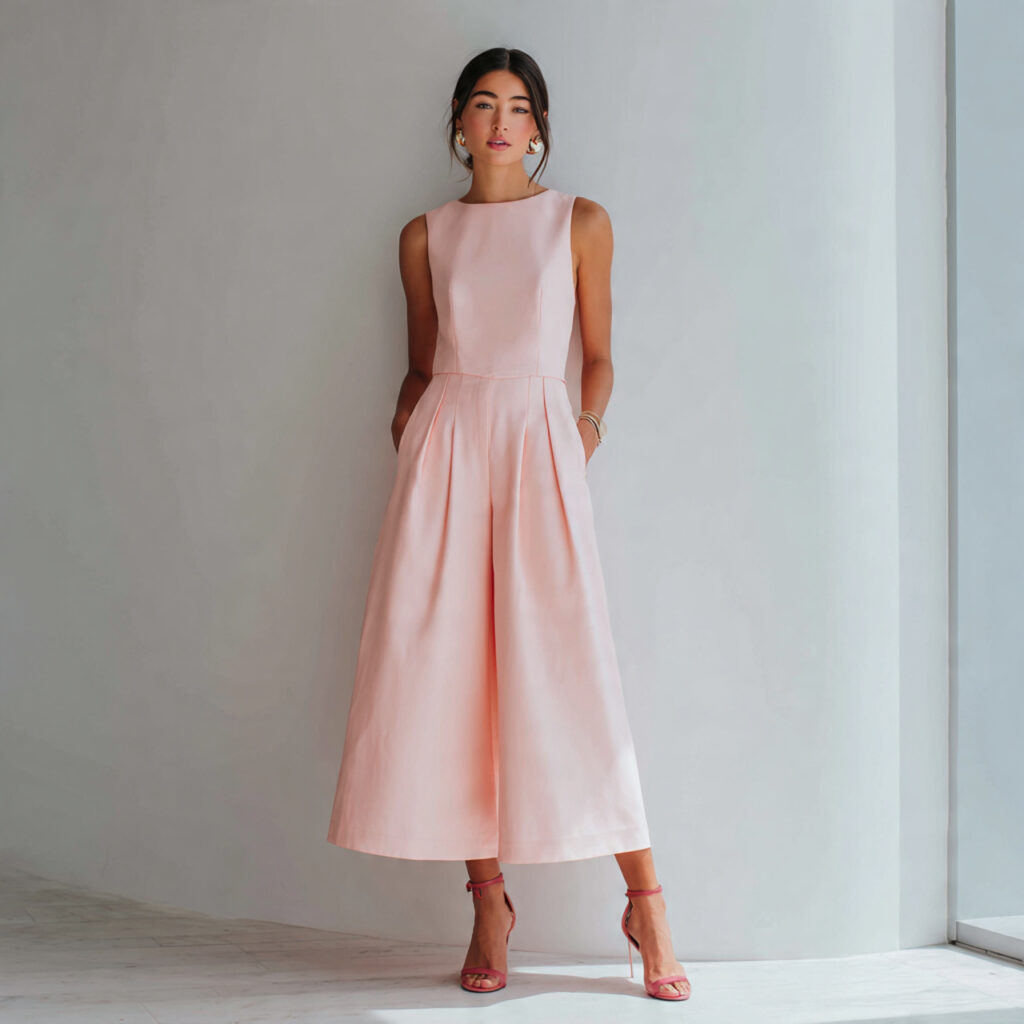 pale pink tailored jumpsuit structured waist and