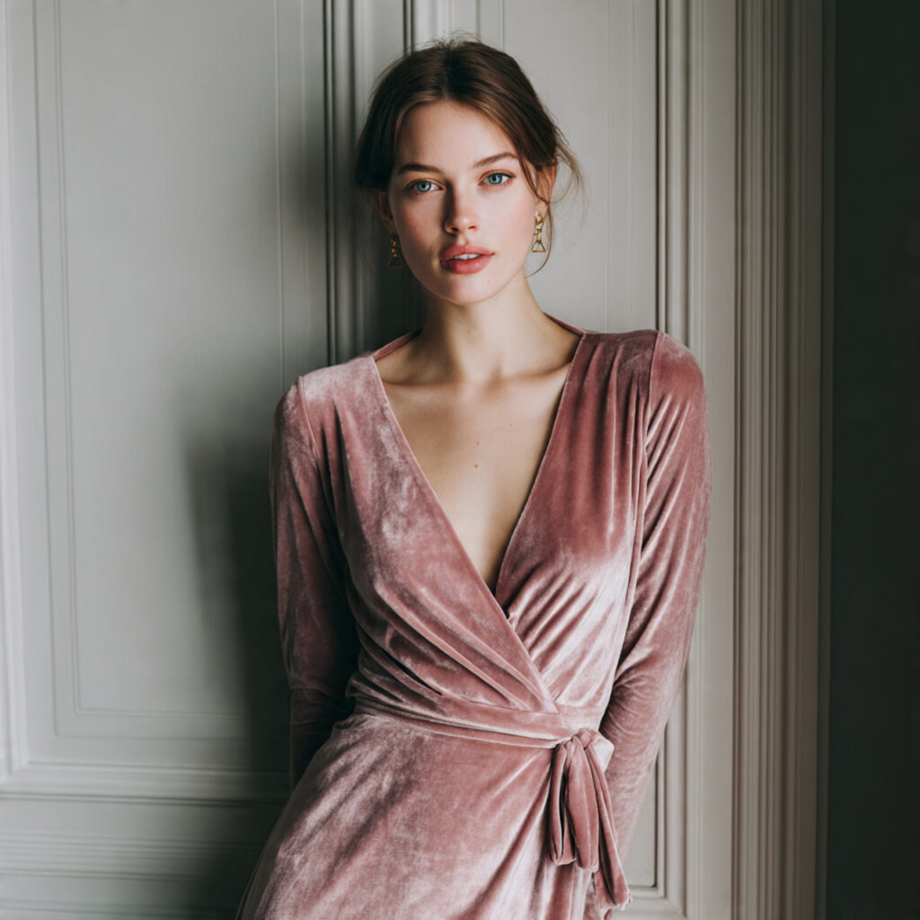 pale pink velvet wedding guest dress winter