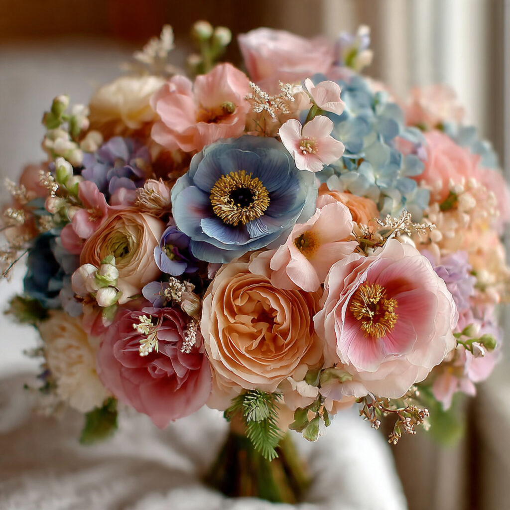 pastel boho wedding bouquet with blush pink